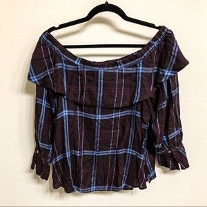 Off the Shoulder Purple Plaid Top